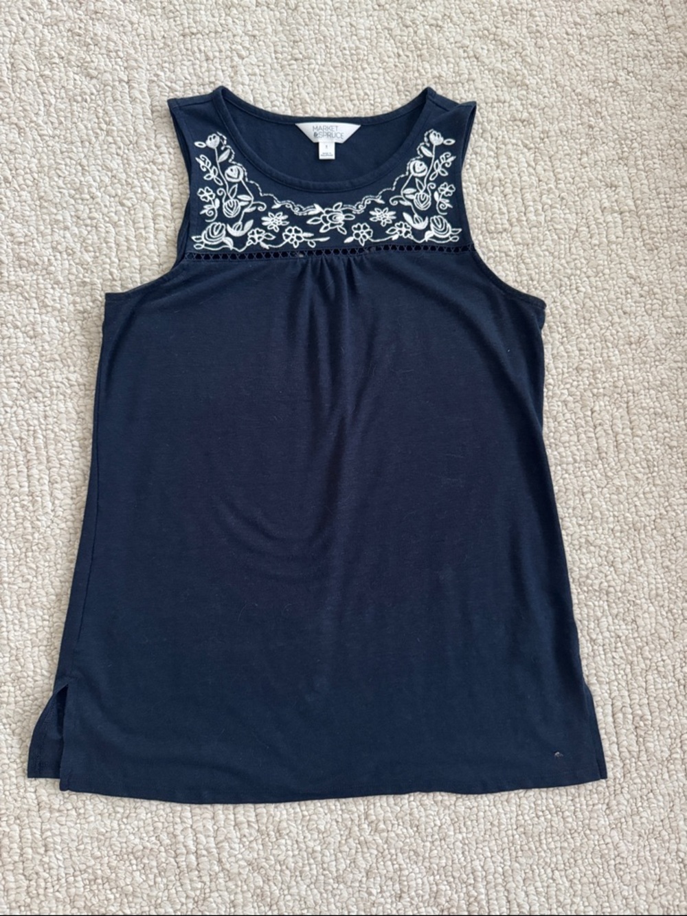 Market & Spruce navy tank with white embroidered floral yoke